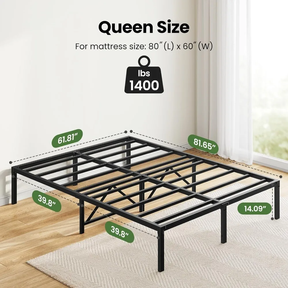 Bed Frame Queen Size,14 Inch Metal Bed Frame Enhanced Support Structure&Enclosing Edges,with Storage Space,1400 lbs Max Weight
