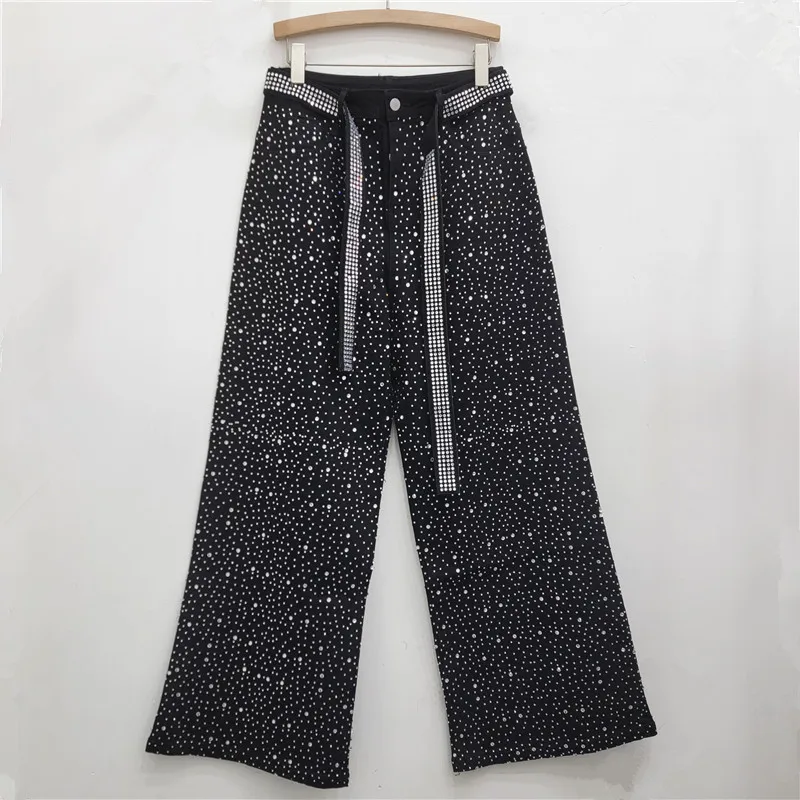 YUERWANG Women Jeans 2025 Spring New Vintage Rhinestone Belt Wide Leg Jeans Fashionable All Match Loose Casual Long Denim Pants