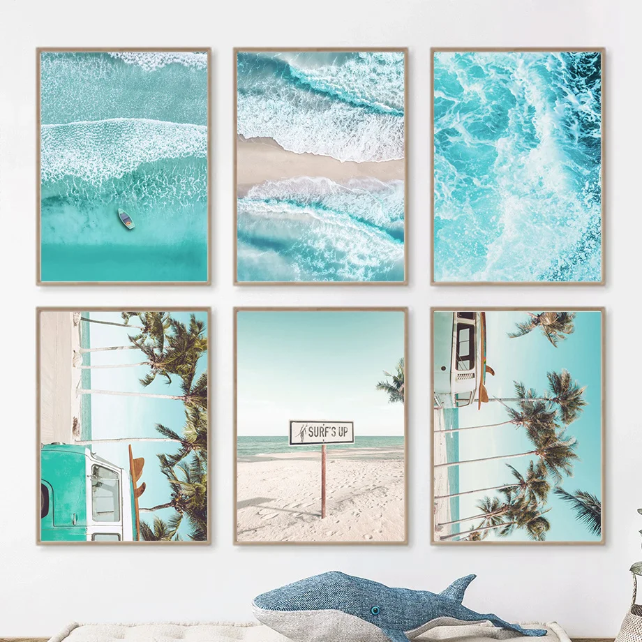 1/6pcs Blue Wave Beach Canvas Printing Summer Palm Tree Surfing Coastal Tropical Wall Art Poster for Modern Teenager Home Decor
