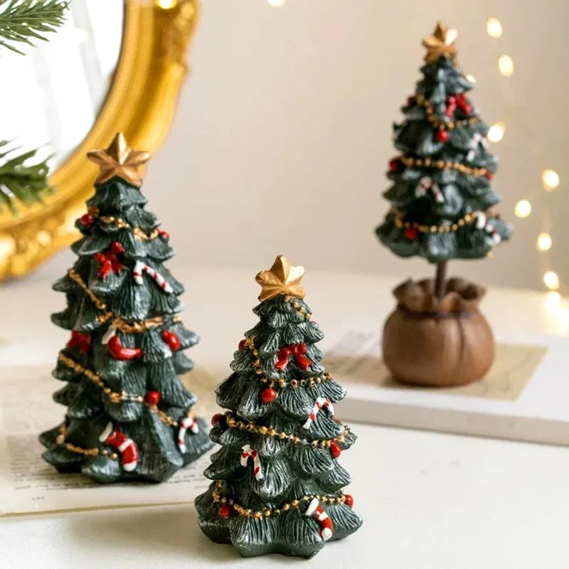 1PC Resin Christmas Tree Festival Decoration Miniature Landscape Desktop Ornaments Artificial Xmas Tree Happy New Year 2024