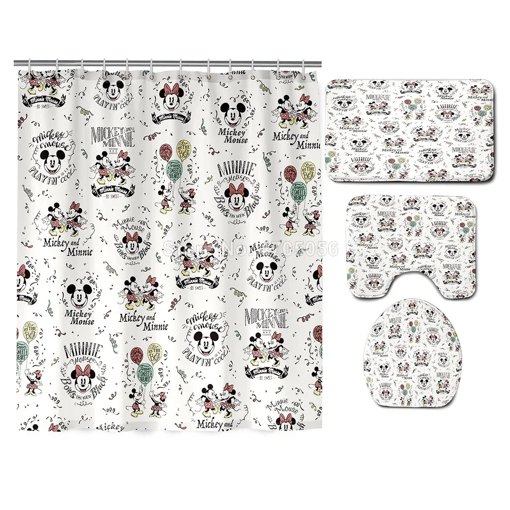 Kids Gift Mickey Mouse Print Bathroom Set Cartoon Shower Curtain with 12 Hooks Pedestal Rug Lid Toilet Cover Bath Mat Set