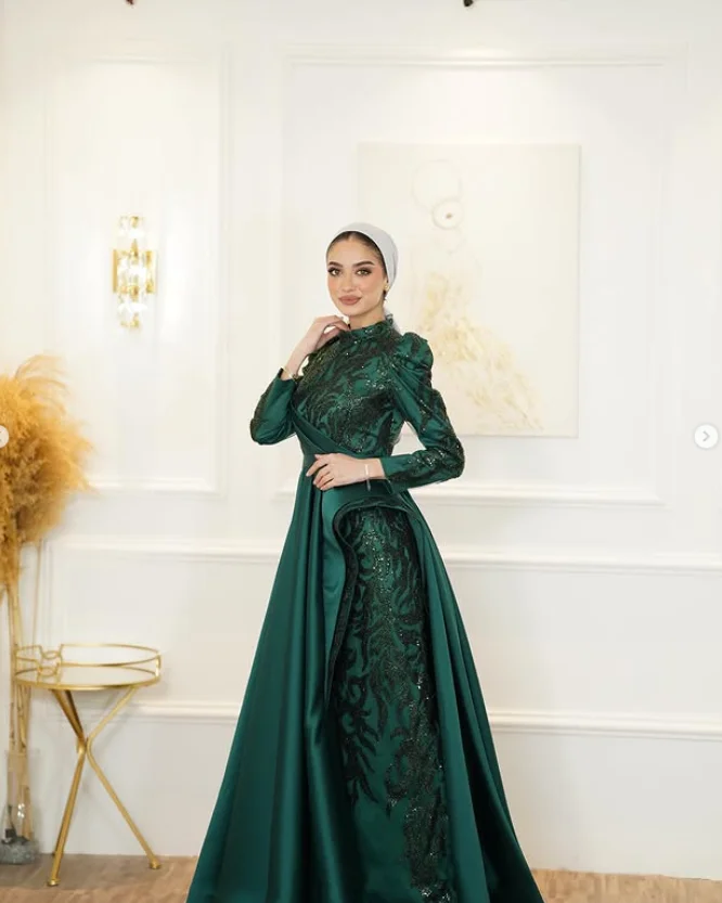 Caftan musulman scintillant vert émeraude robes de bal Gillter Applique col haut manches longues froncé caftan robe de soirée sur mesure