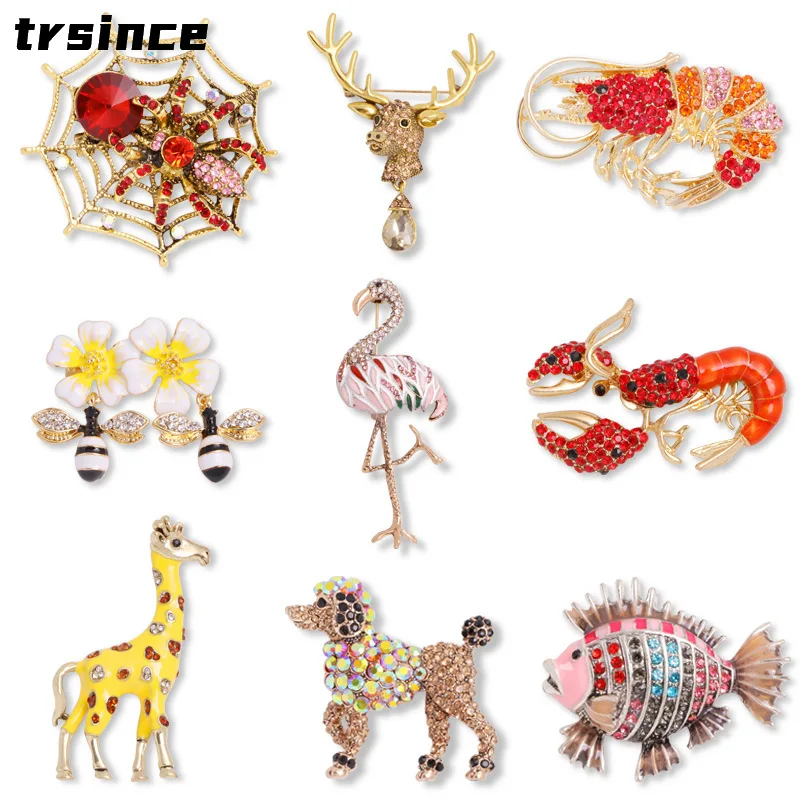 Rhinestones Flamingo Brooches Bee Giraffe Lobster Fish Puppy Spider Deer Head Pendant Corsage Unisex Brooch Accessories