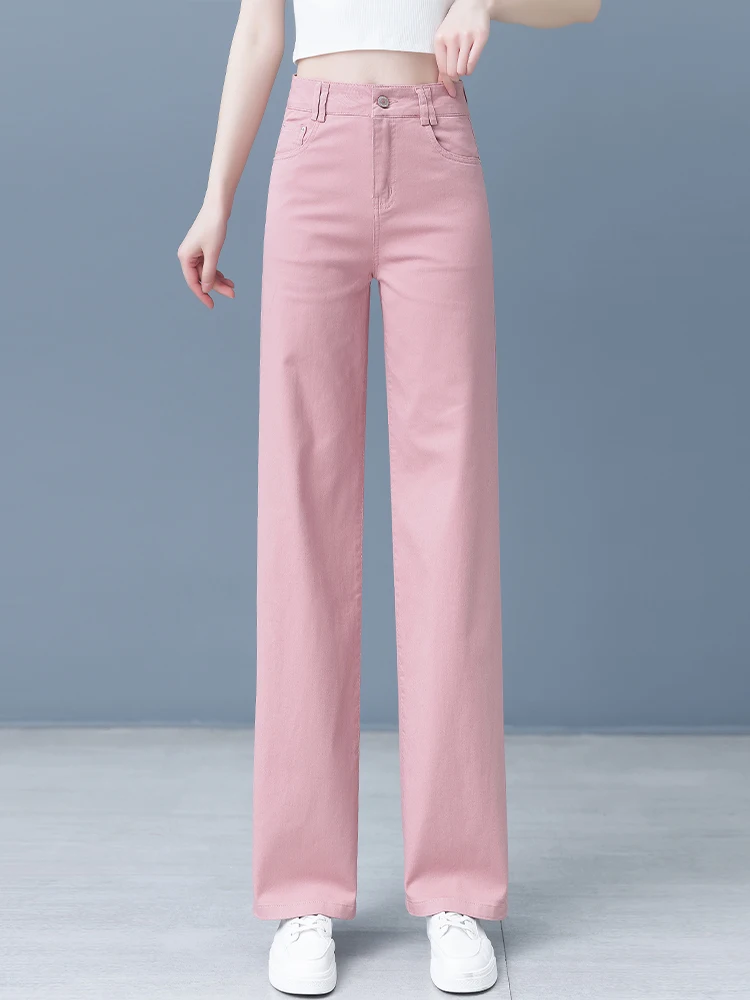 

Джинсы с высокой талией и прямыми штанинами, женские летние тонкие повседневные брюки, популярные широкие брюки, дышащие, удобные, из смесового хлопка