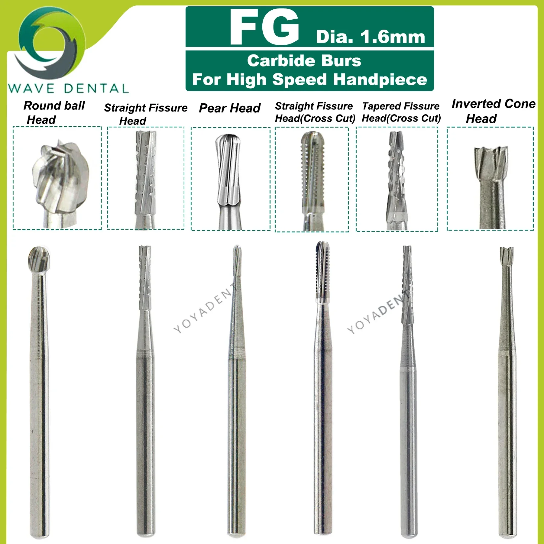 WAVE Tungsten Carbide Burs Dental strawberry FG Burs Dia. 1.6mm untuk Handpiece kecepatan tinggi 5 BH/pak