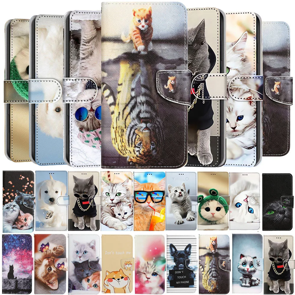 Cute Cat Dog CaseFor Samsung Galaxy A21S A22 A23 A24 A30 A30S A31 A32 A33 4G 5G Wallet Card Holder Stand Leather Flip Book Cover