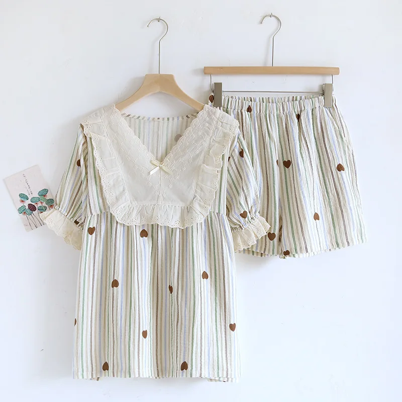 2025 Summer New Women's Pajama Set 100% Cotton Crepe Lace V-Neck Princess Pajama Short Sleeve Shorts Two Piece Sweet Home Fury