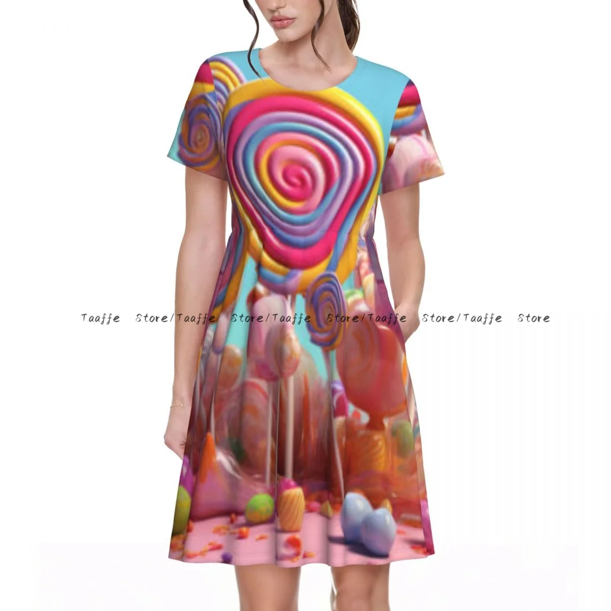 

Women Dress Candy Sweet Lollipop Fantasy Summer Elegant O Neck Short Sleeve Female Casual Loose Long Dress
