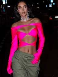 Shestyle Hollow Out Gloves Sleeve Sexy Crop Tops Wrapping Off Shoulder Pink Blue Solid Tshirt Women Clubwear Nightwear 2024