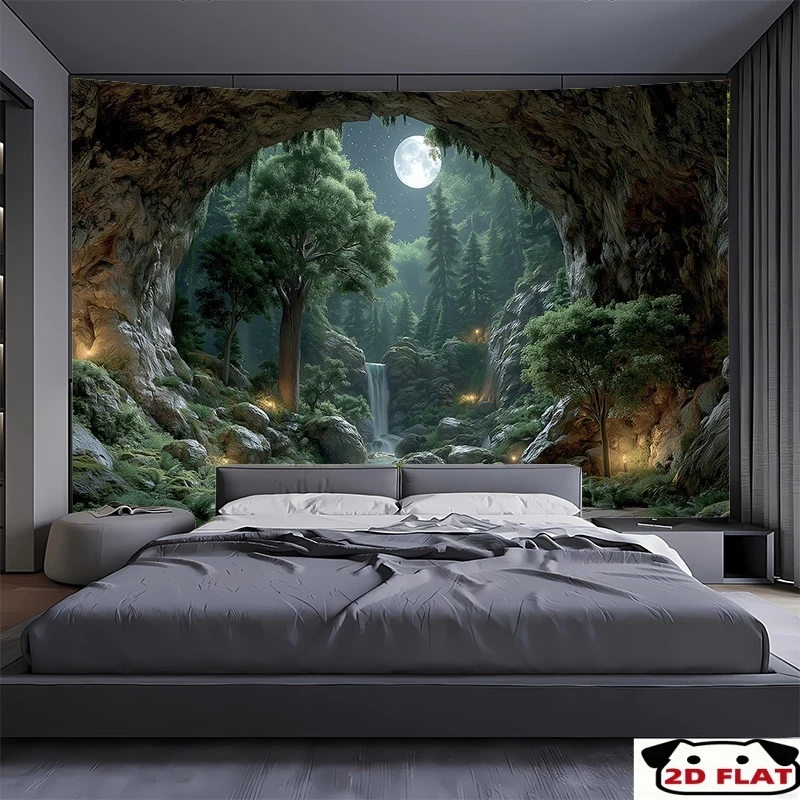 VIKAMA Waterfall Cave Wall Mural, 3D Nature Landscape Peel and Stick Wallpaper, Living Room Bedroom Decorative Backdrop