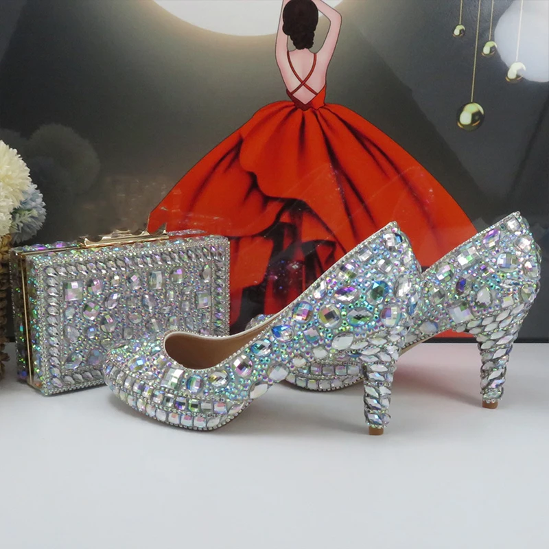

2023 New arrival AB Crystal Women wedding shoes with matching bags Thin Heel High Pumps fashion Bridal shoes and Purse
