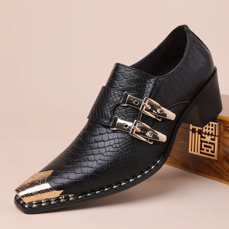 Designer Men's Slip-On Derby Shoes Black New Luxury Pu Snake Leather Pointed Toe Business Dress Shoes Trendy Party Wedding Shoe