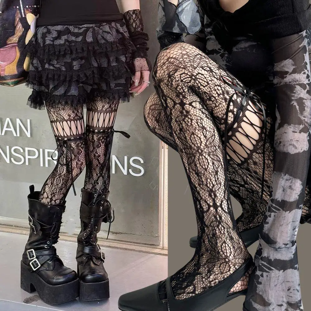 Elegante punk sexy collants laço arco-nó tiras fishnet meias femininas rendas arco cinta meias doce picante menina y2k malha meia-calça