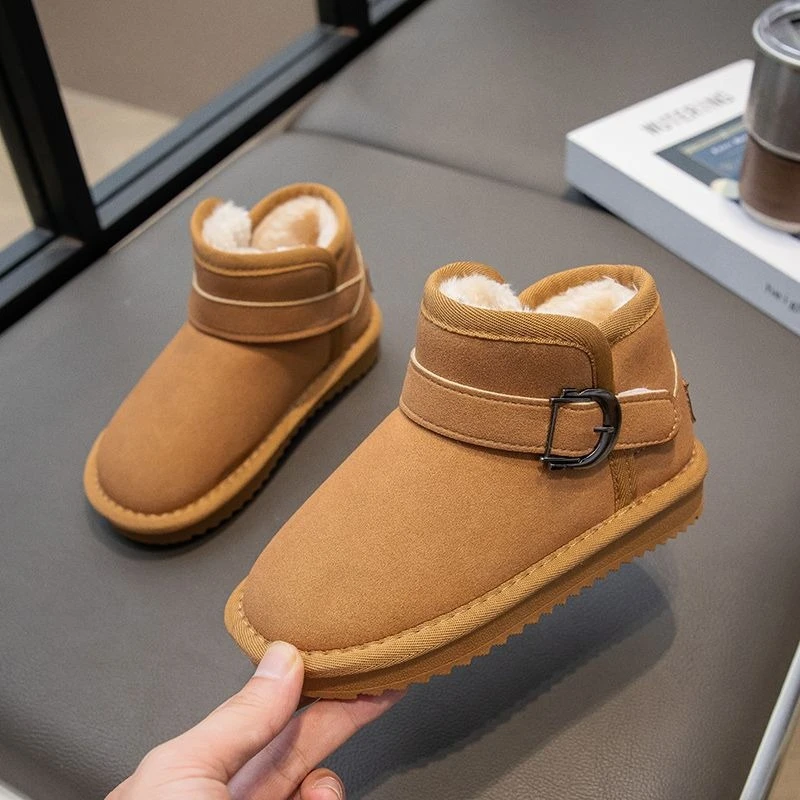 

Kids Snow Boots for Boys and Girls Warm Fleece Lined Thickened Winter Shoes Waterproof Leather Mid Calf Cotton Boots Flat Sole