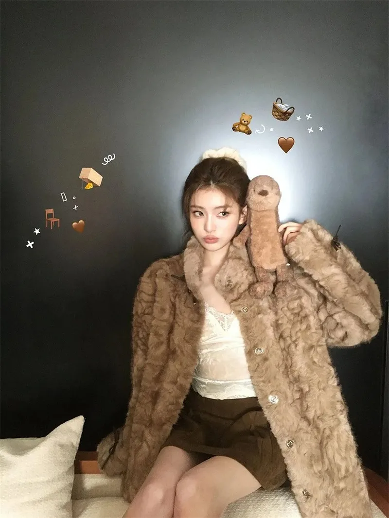 

Stand up Collar Dyed Pointed Environmentally Friendly Fur Integrated Coat for Women in Winter 2025 Lazy Casual Thick fur Coat
