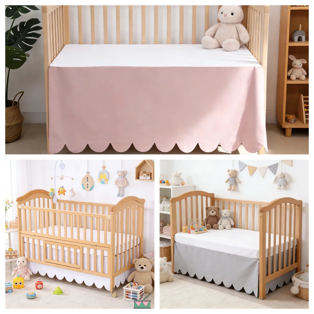 New Scalloped Crib Pleated Dust Ruffle with Split Corners for Baby Soft 4-Sided Crib Bed Skirt Nursery Standard Toddler Bedding