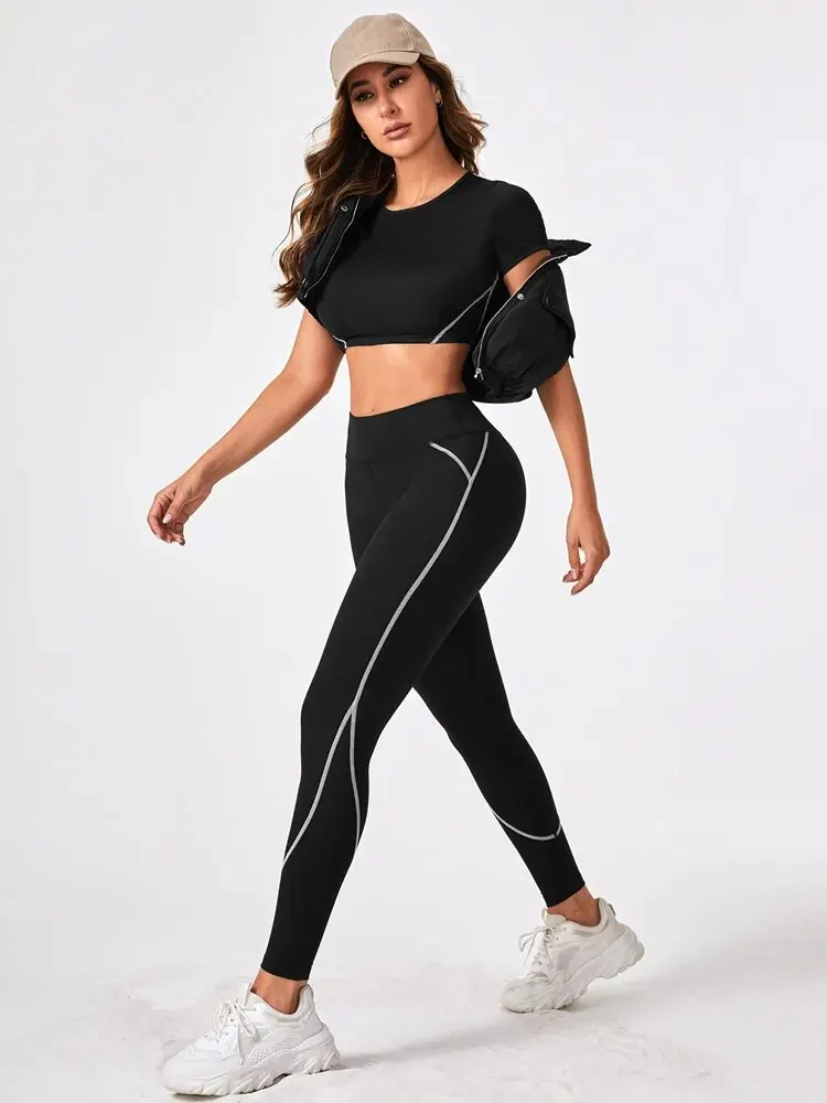 2 Pieces Short Sleeve Yoga Pilates Sports Suit Quick Dry Elastic Slim Fit Tracksuit Running Workout Breathable Training Wear Set