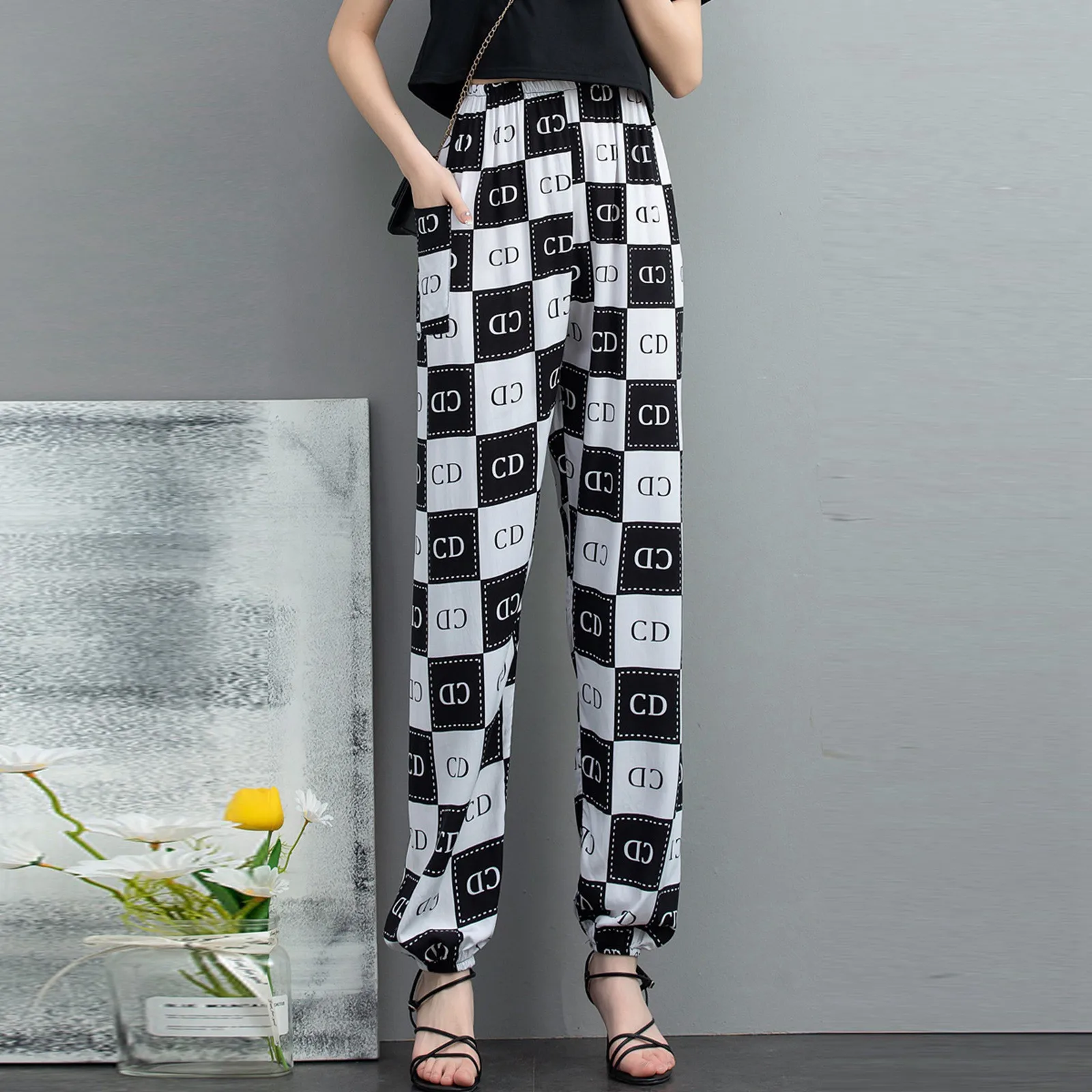 

Bowknot Elastic Waistband Wide Leg Trousers Pajama Bottoms Casual Clothing Loungewear Homewear Women Stylish Printed Loose Pants