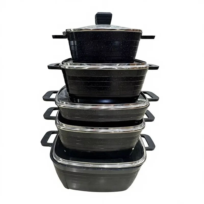 Hot-selling 10-piece kitchen set with square glass cover and non-stick pan, black cookware set for home cooking