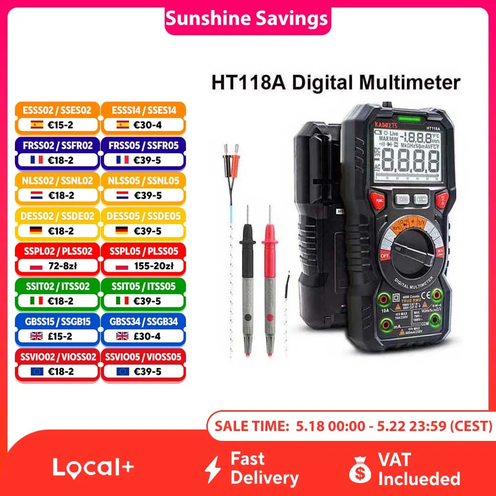 KAIWEETS HT118A multimètre numérique Ture RMS multimètre à plage automatique 1000V 10A AC DC Ohm Hz NCV compteur de température de tension en direct