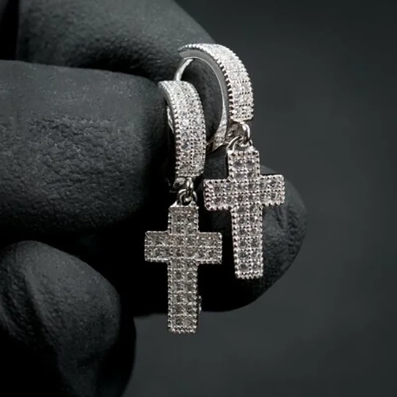 

2024 New Silver Color Cross Stud Earrings with Bling Zircon Stone for Man Women Hip Hop Fashion Jewelry