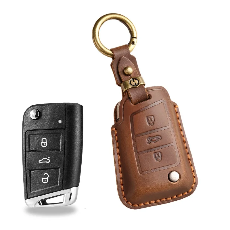 

Genuine Leather Vintage Car Key Case Cover Bag Shell Fob Holder for Volkswagen Sagitar Lavida T-Roc Lamando Tayron X Accessories