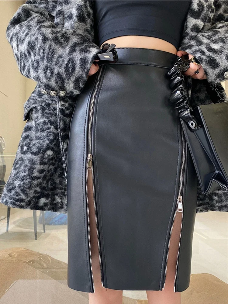 Black PU Leather Skirt for Women, Knee Length, High Waist, Bodycon, Streetwear, Zipper, High Split, Office, Pencil, Sexy