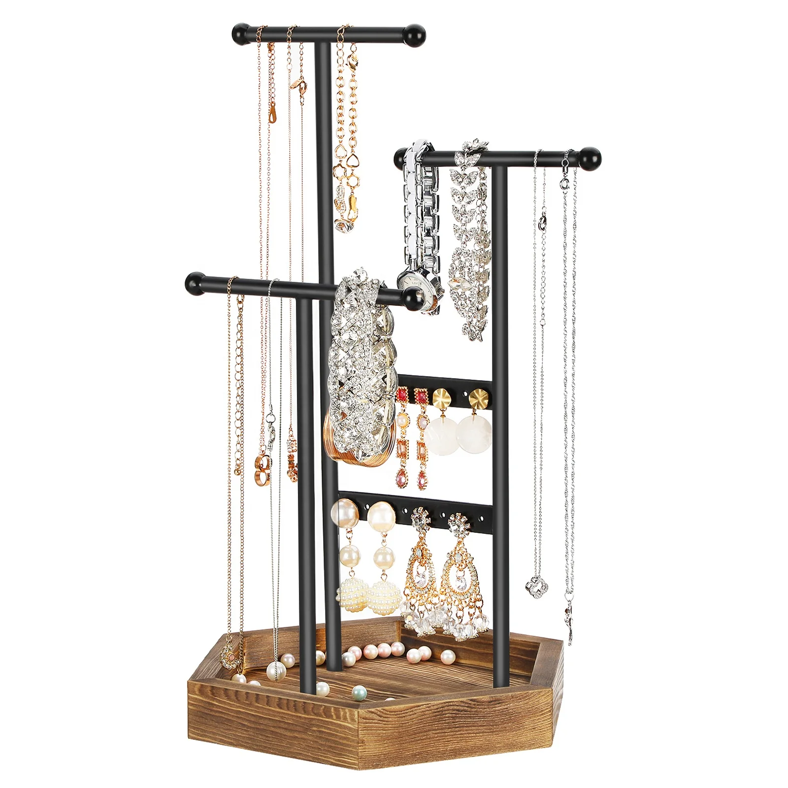 

Metal jewelry organizer tower with wooden base bracelet watch earring holder display stand