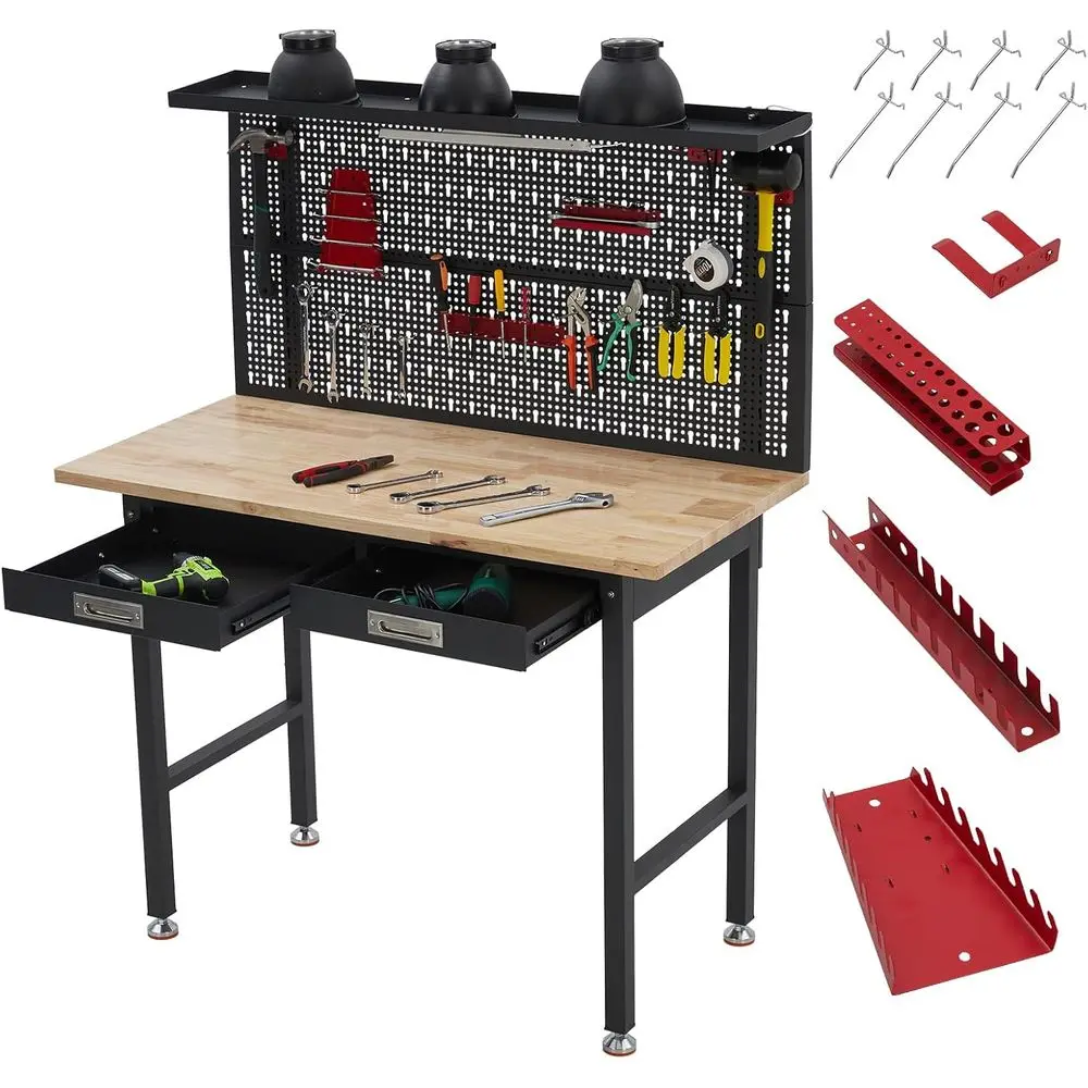 منضدة عمل صناعية مقاس 48 × 24 مع مخرج طاقة وإضاءة LED ولوح بيجبورد ودرج وطبقة من الخشب الصلب لورشة العمل/المكتب، كابا بقوة 2000 رطل