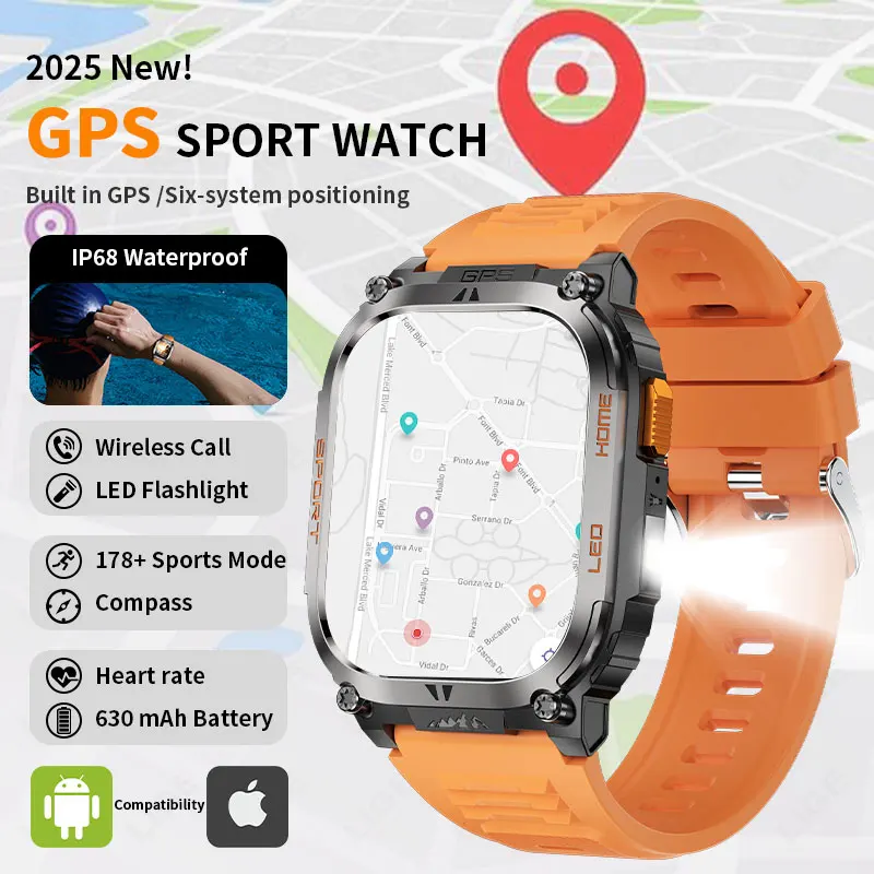 

LIGE 2025 GPS Tracker Smart Watch Men LED Flashlight 1.96'' HD Screen Compass Watches Bluetooth Call Waterproof Sport Smartwatch