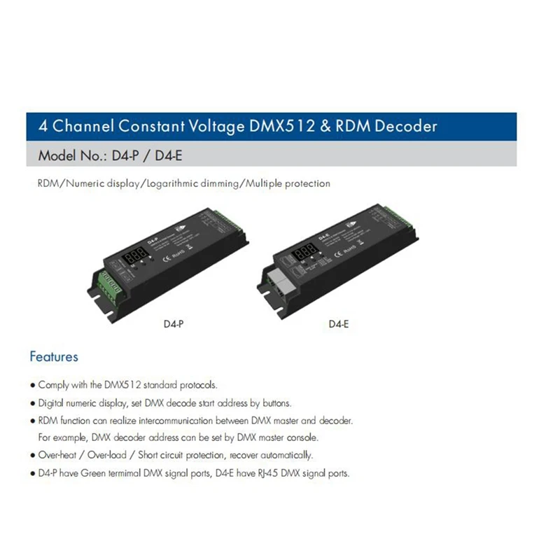 D4-P 4 Channel PWM Constant Voltage DMX &RDM LED Decoder Controller Digital Display XLR3 RJ45 Port DC12-36V Input 8Ax4ch Black