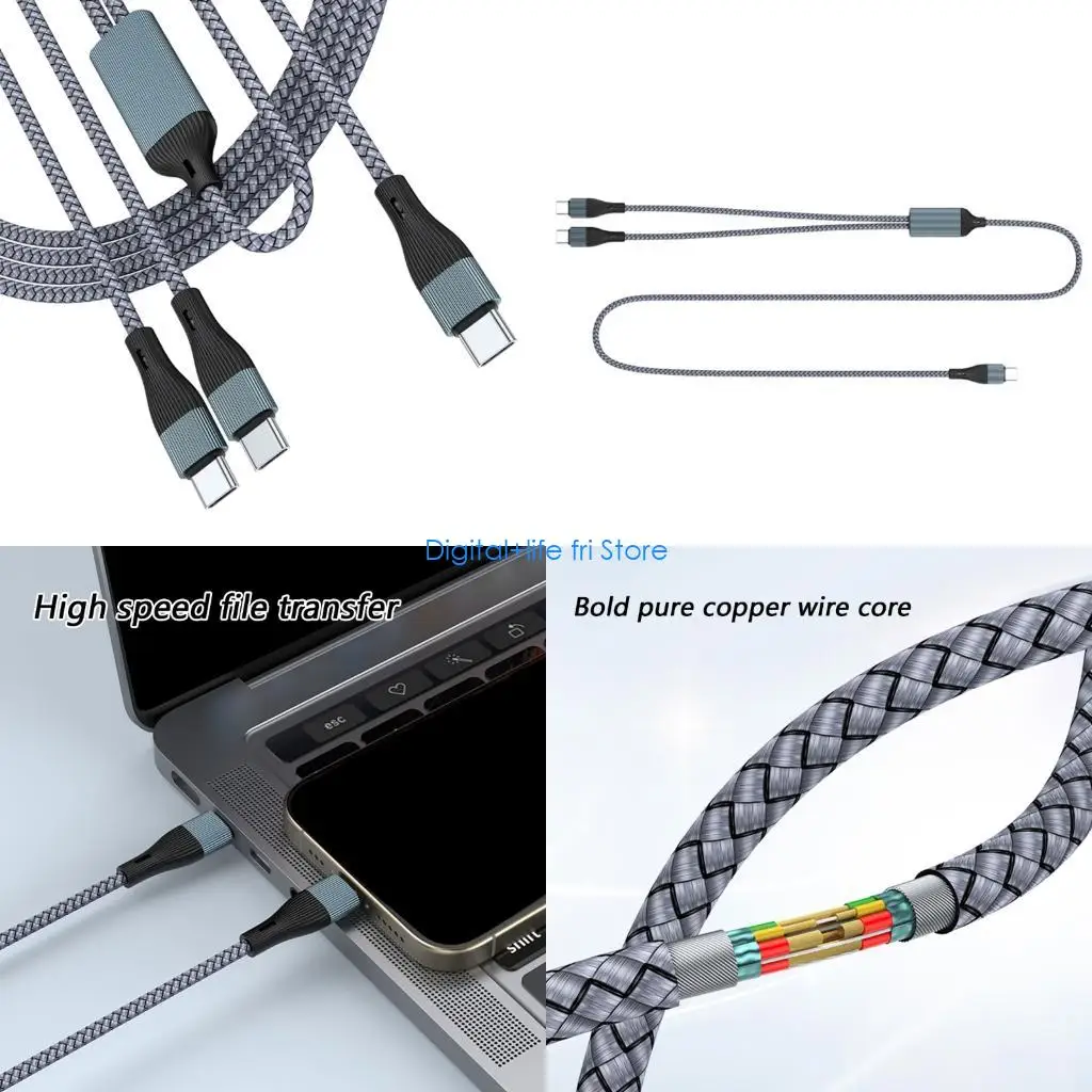 E06D 1 to 2 Port USB C Charging Cable 100W Power Distribution Charging Two Devices Simultaneously and Data Transfer Cord
