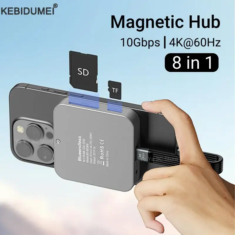 Magnetic USB C Hub with M.2 NVMe/SATA SSD Enclosure HDMI 4K 60Hz PD 100W USB 3.1 Docking station For Macbook iPhone 16/15 Pro