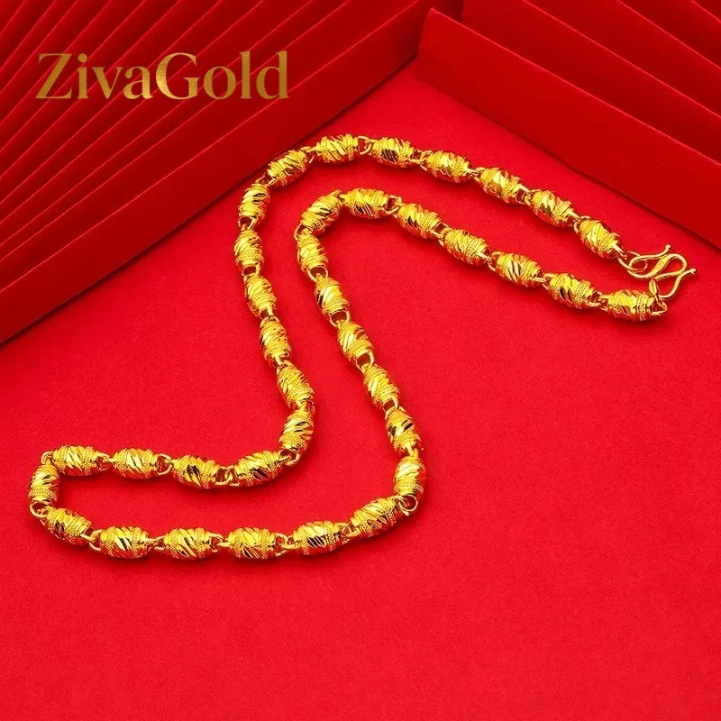

ZivaGold 9999 24K real gold hollow men's necklace round buckle men's boutique chain open cylindrical gold necklace light beads