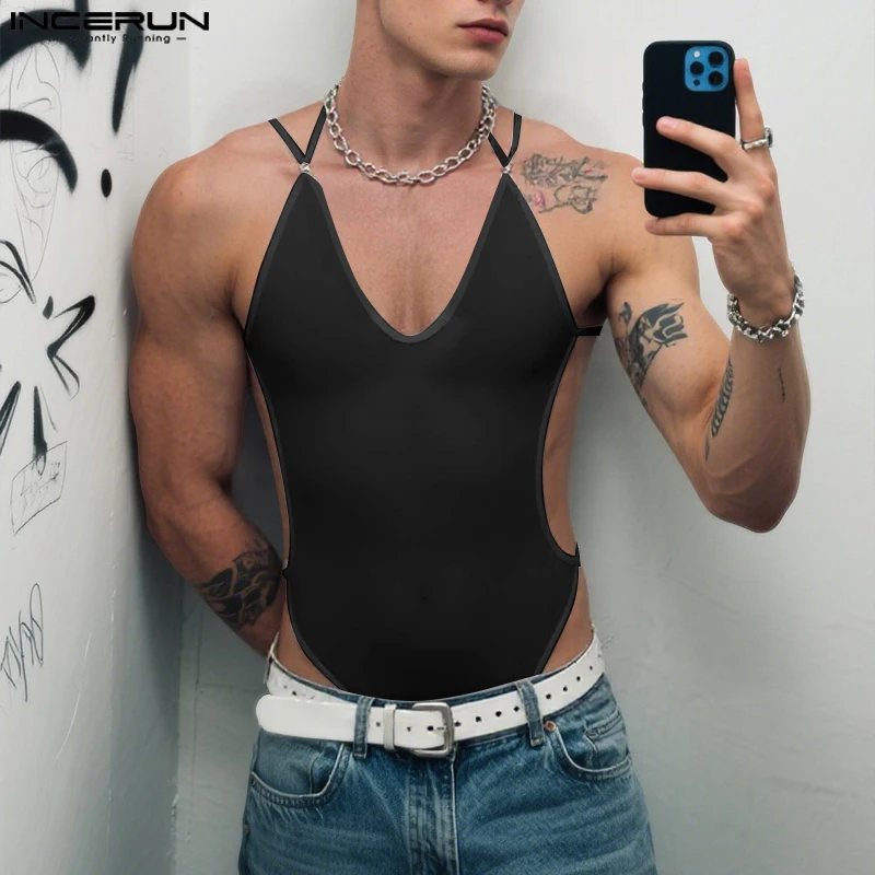 INCERUN Bodysuit Pria Jaring Transparan Tanpa Lengan Seksi Romper Playsuit 2025 Kerah V Fashion Warna Solid Bodysuit Pria S-5XL