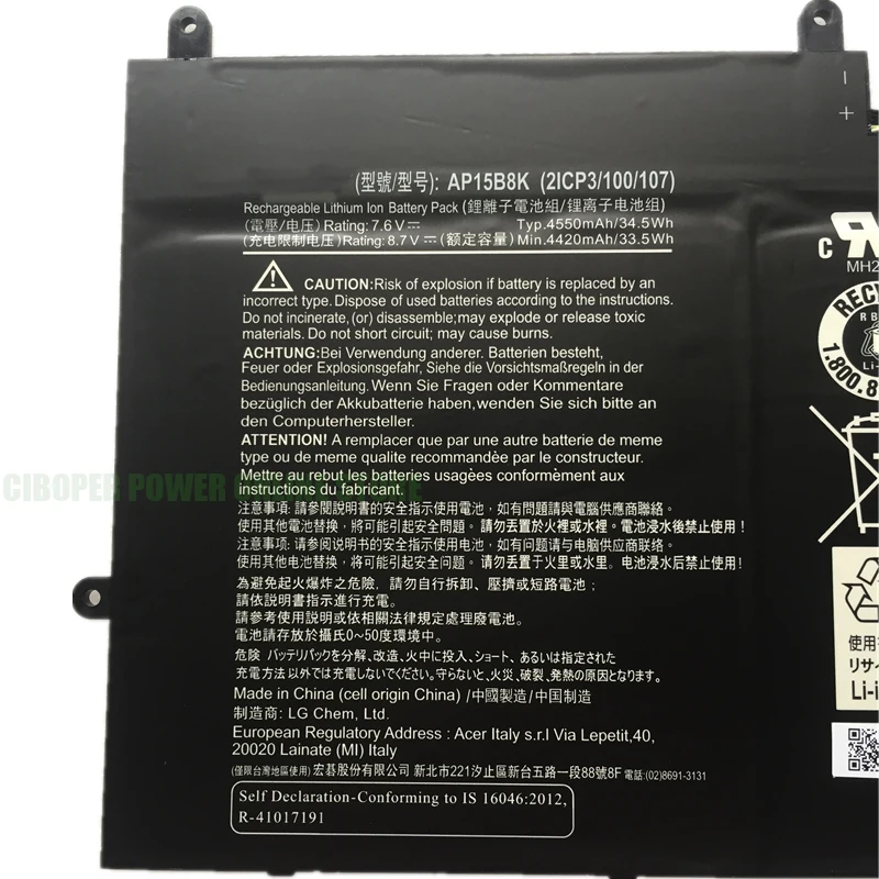 CP Original Laptop Battery AP15B8K 7.6V34.5Wh/4550m For Aspire Switch 11V SW5-173,12S SW7-272P Series NT.G74AA.002,KT.0020G.005