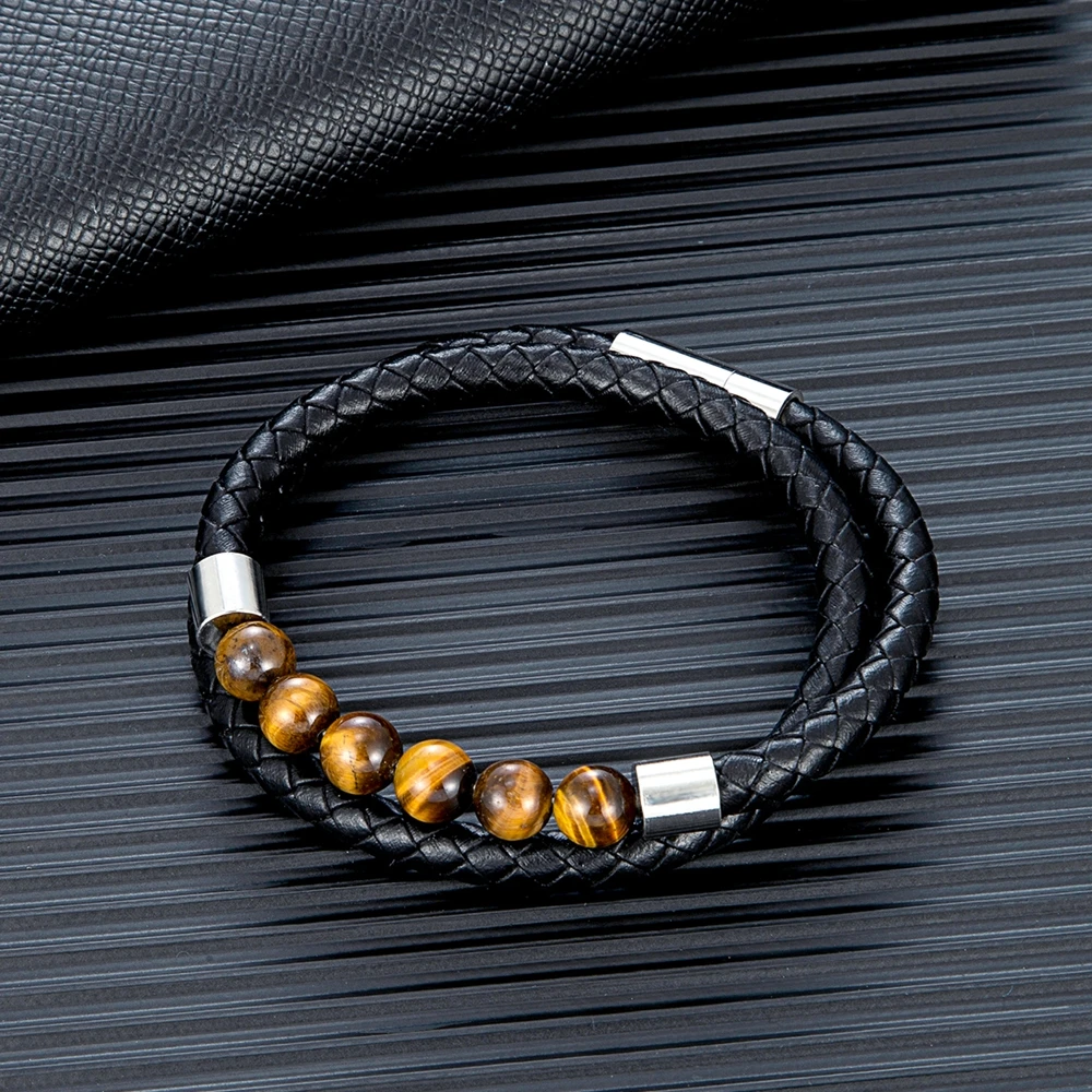 MKENDN Fashion Mens Double Strand Bead Leather Bracelet Natural Tiger Eye Bead Steel and Leather Bracelet for Men Dad Son Gift