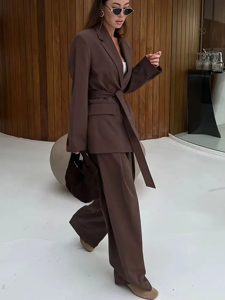 HH 2025 Set da 2 pezzi da donna elegante Cintura con tasca con risvolto Decora giacca blazer casual + Pantaloni lunghi con cerniera con bottoni larghi a vita alta