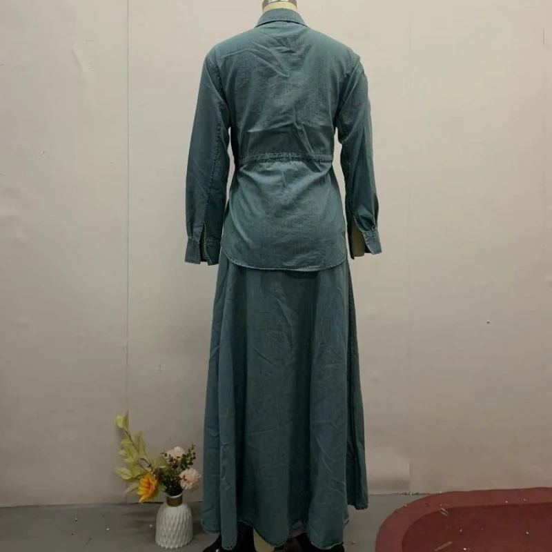 2026 New Women's Clothing Europe, America,  Cross-border Foreign Trade Single-breasted Long-sleeved Top Loose Swing Skirt Set