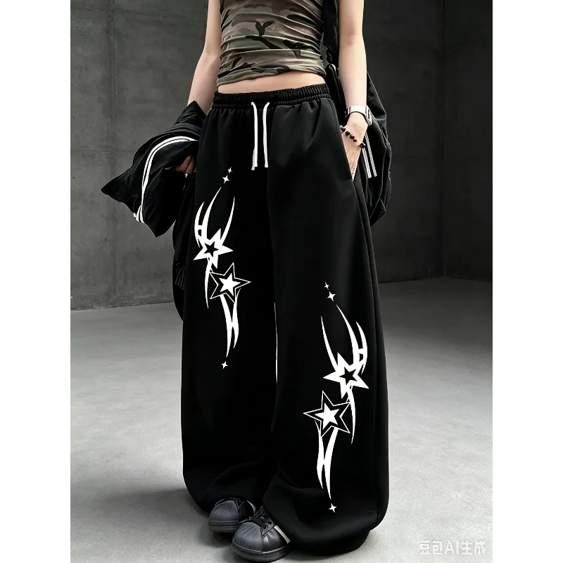 2026 Women's Street Style Casual Sweatpants with Star Print New Arrivals for Summer Autumn Fleece Loose Fit Streetwear Oversized