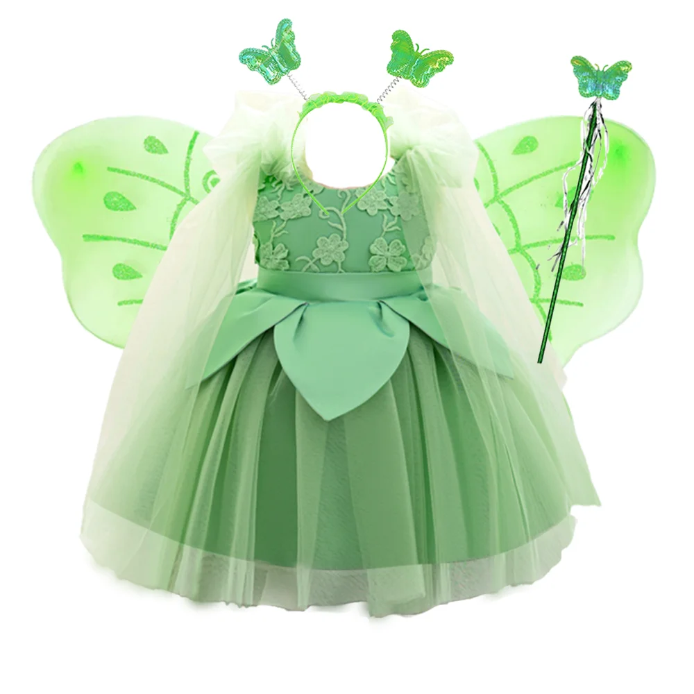 Baby Girls 4pcs Sets Floral Green Elf Dress Kids Lace Fairy Wizard Party Dresses Princess Gown Toddler 1st Birthday Tutu Clothes