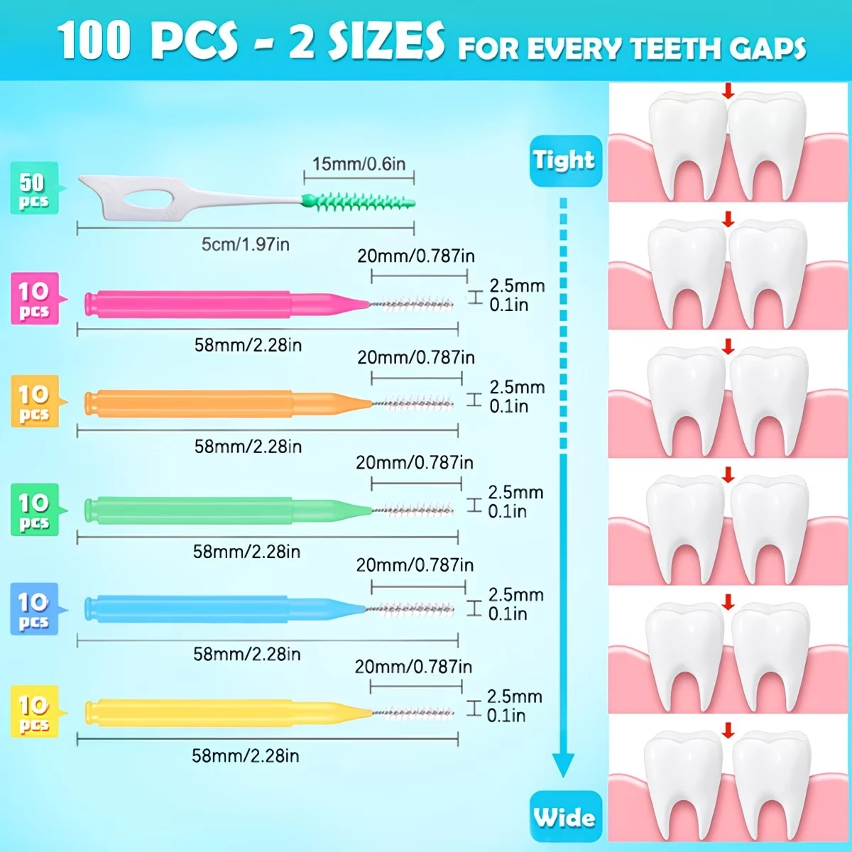Soft Interdental Brush Set, 100 Pieces, Includes 50 Oral Cleaning Heads and 50 Disposable Floss Picks, Ideal for Braces and Narrow Spaces, Available in Various Colors and Sizes