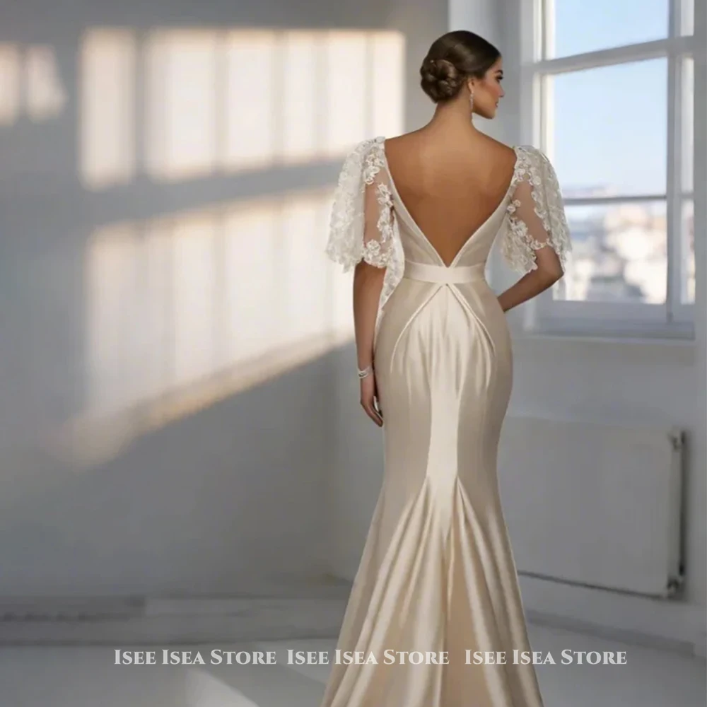 Vestidos de Noche de sirena de encaje satinado con mangas abullonadas, vestido de baile Formal, espalda Sexy, cuello en V, elegante vestido de cumpleaños para mujer personalizado