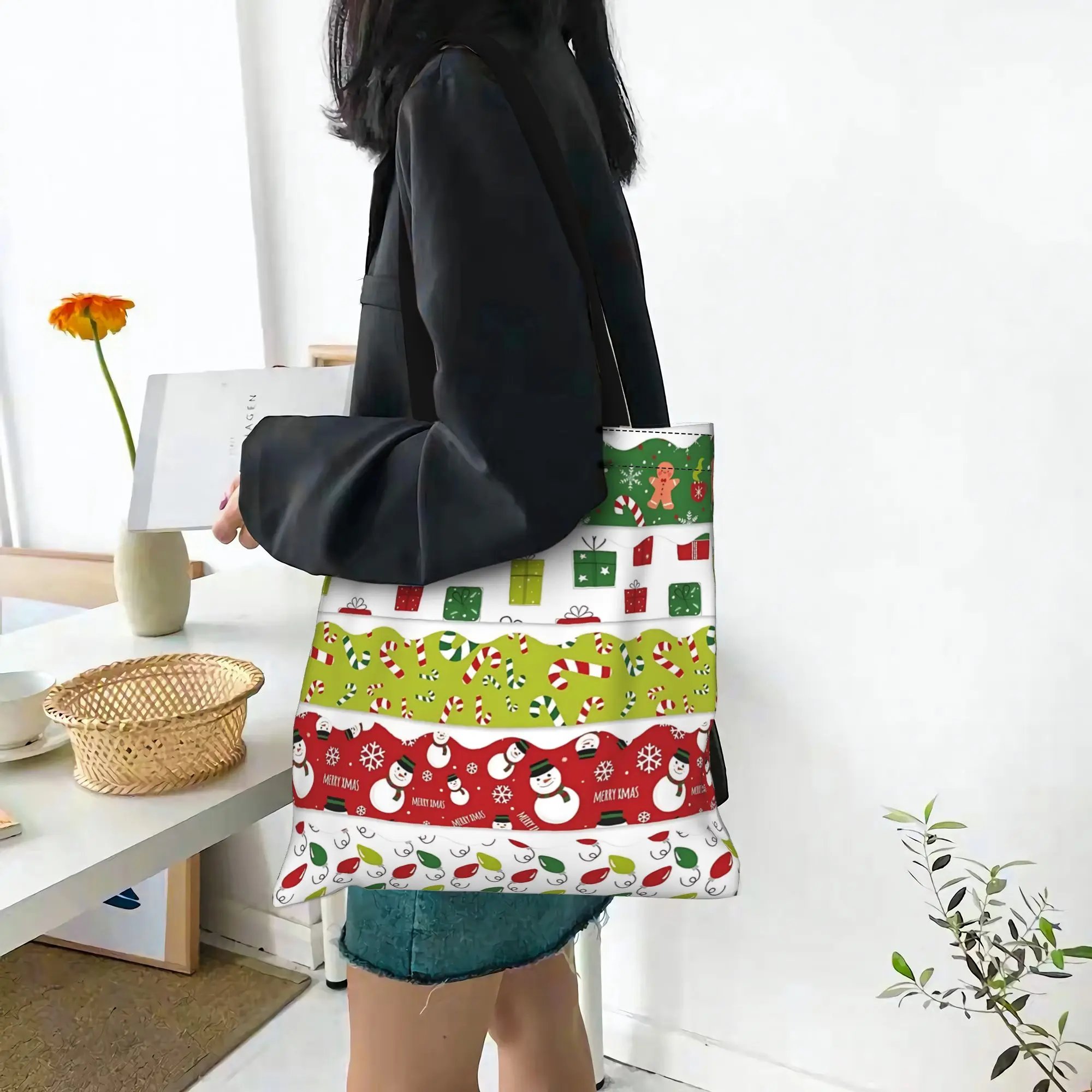 Customized Candy Cane Christmas Cartoon Pattern Women's Bag Shopping Bag Reusable Double Sided Canvas Tote Bag Shoulder  Handbag