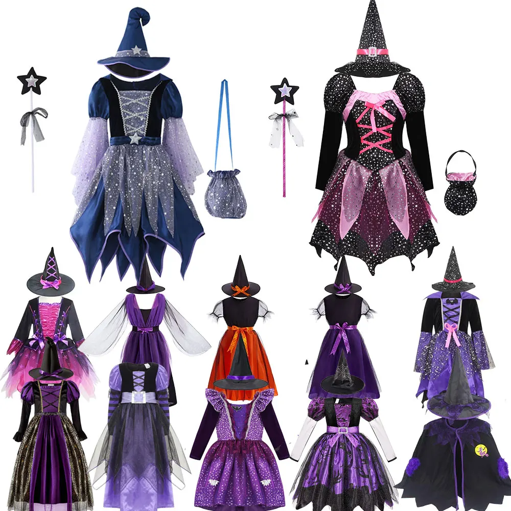 Kids Halloween Apparel Horror Dress Witch Costume with Hat and Wand Girl Carnival Pageant Black Magic Villain Wiard Cosplay Gown