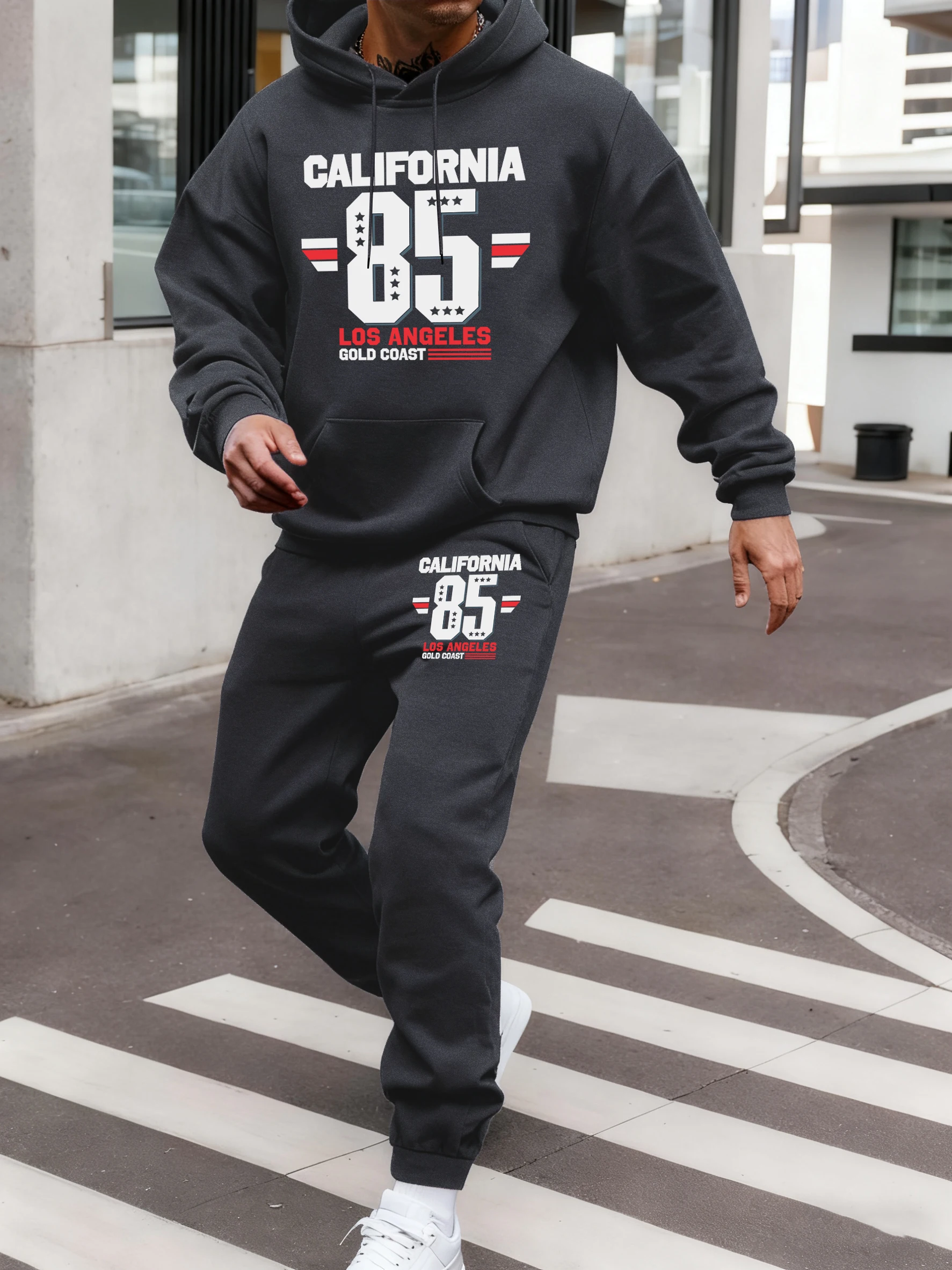 

Комплект из 2 предметов: толстовка и брюки из флиса для мужчин, базовый, удобный, с принтом California 85 Los Angeles Gold Coast, для спорта и отдыха, осень-зима