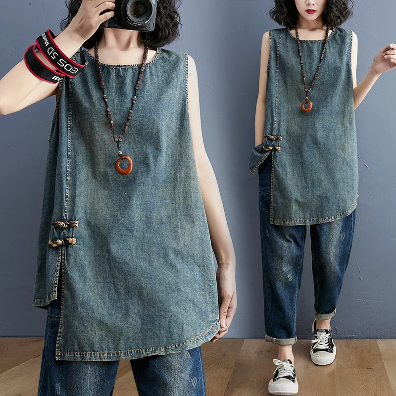 

Джинсовый жилет на пуговицах в стиле ретро, женская летняя свободная верхняя одежда большого размера, футболка средней длины с разрезом и ботом