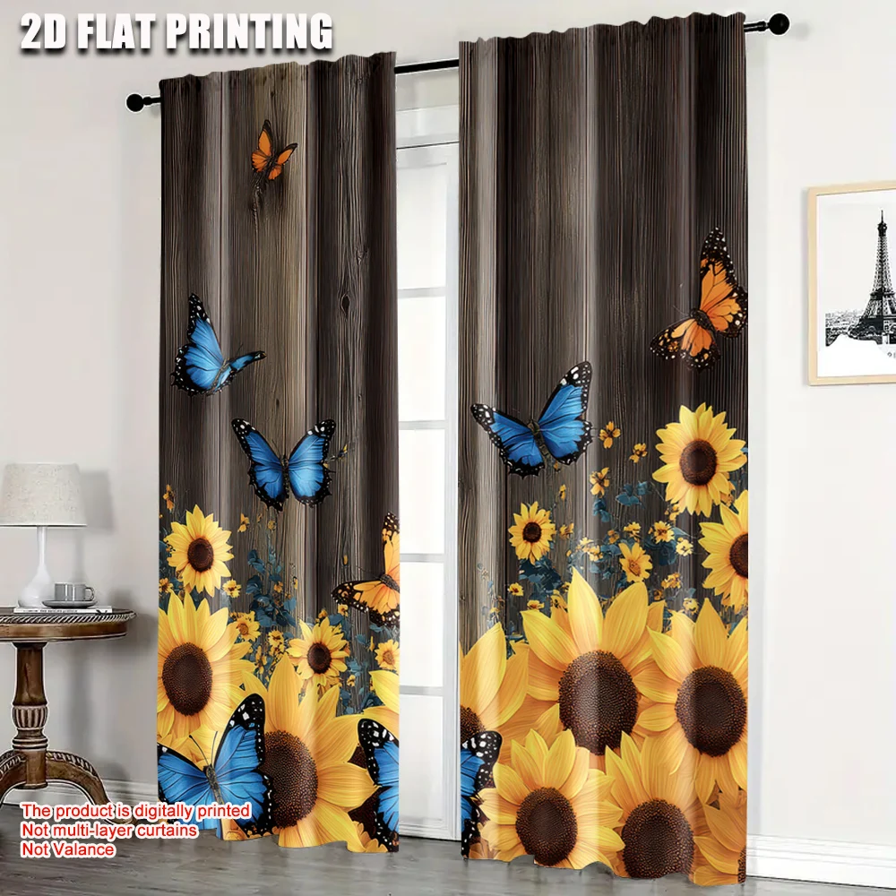 

2Pcs Sunflower Printed Curtain Flying Butterfly Curtain Apply To Bedroom Office Kitchen Living Room Study Home Decor