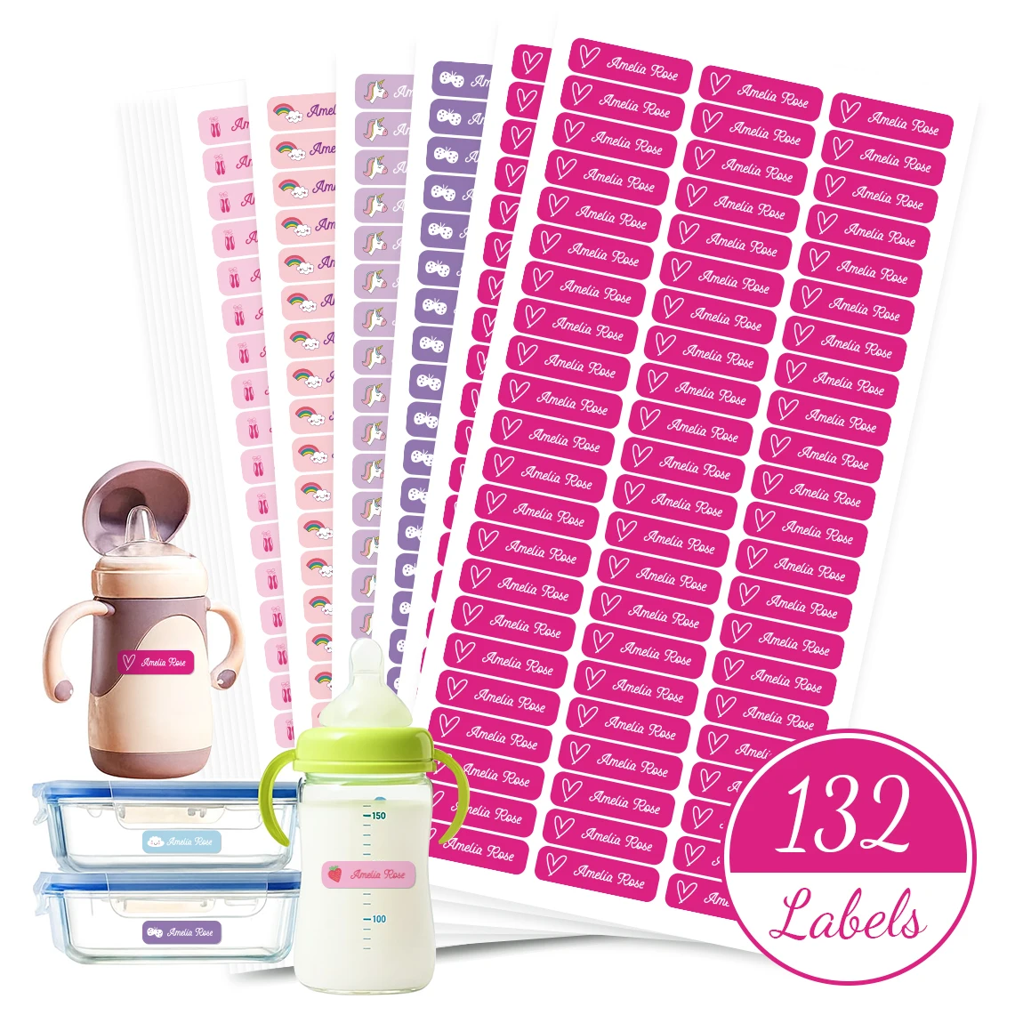 132pcs Personalized Name Stickers Waterproof Laminated Custom Labels Die Cut Name Tags for School Bottle Lunch Box