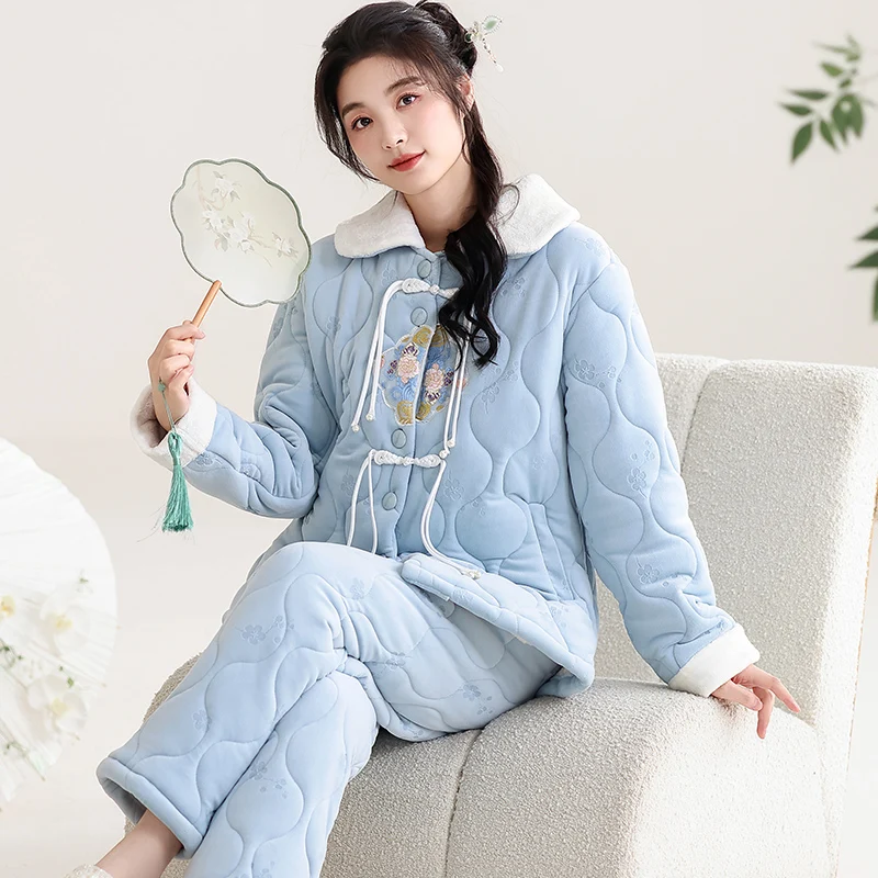 

Теплые зимние 3-слойные стеганые пижамы для женщин, фланелевые комплекты брюк с длинными рукавами, коралловый бархатный женский костюм в китайском стиле, одежда для сна